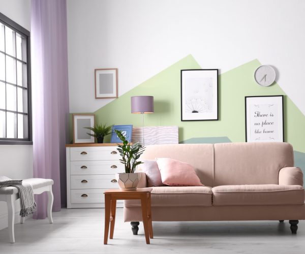 Beautiful living room interior with comfortable sofa