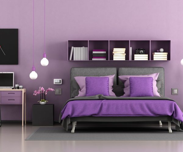 Purple modern master bedroom with double bed and desk with laptop - 3d rendering